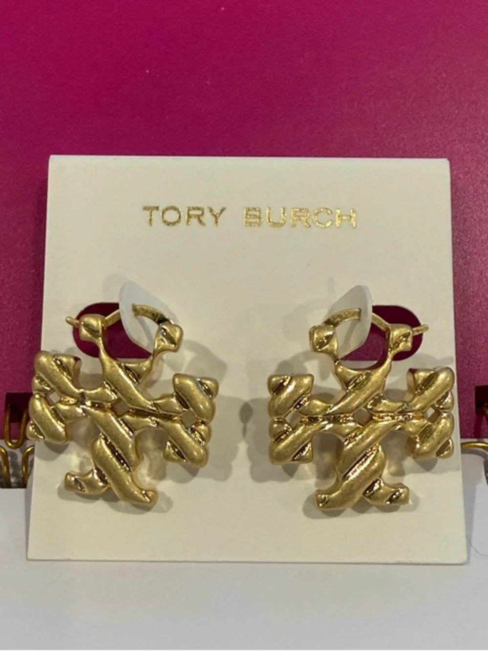 Tory Burch | Gold Plated Twisted Logo Hoop Earrings | Medium